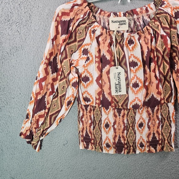 NEW Savanna Jane Cropped Top Women Medium Wide Neck Aztec Print Earth Tone - Picture 2 of 9